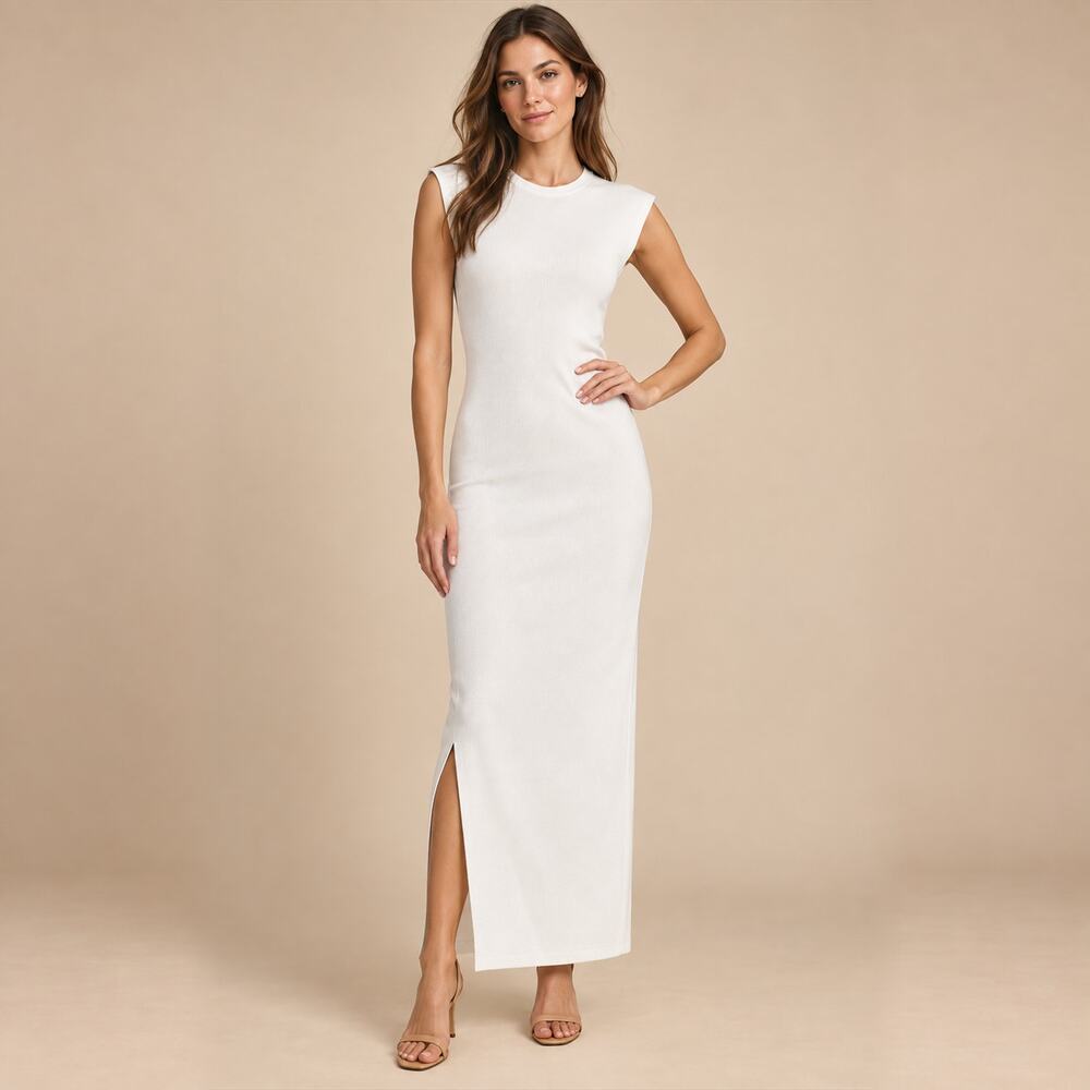 J.Crew Sweater Dress WMNS S White Sleeveless Rib Knit Column Maxi Quiet Luxury